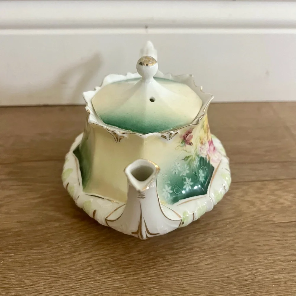 Antique RS Prussia Teapot Floral Rose Porcelain Green Wreath Mark c. 1870-1918‎